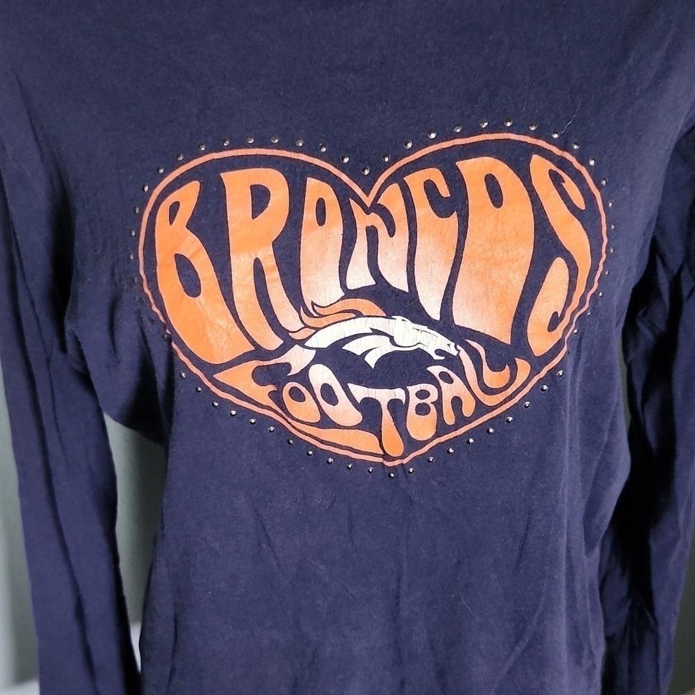 NFL Broncos football heart shape rhinestones logo long sleeve top Y2K Bling - Picture 5 of 5